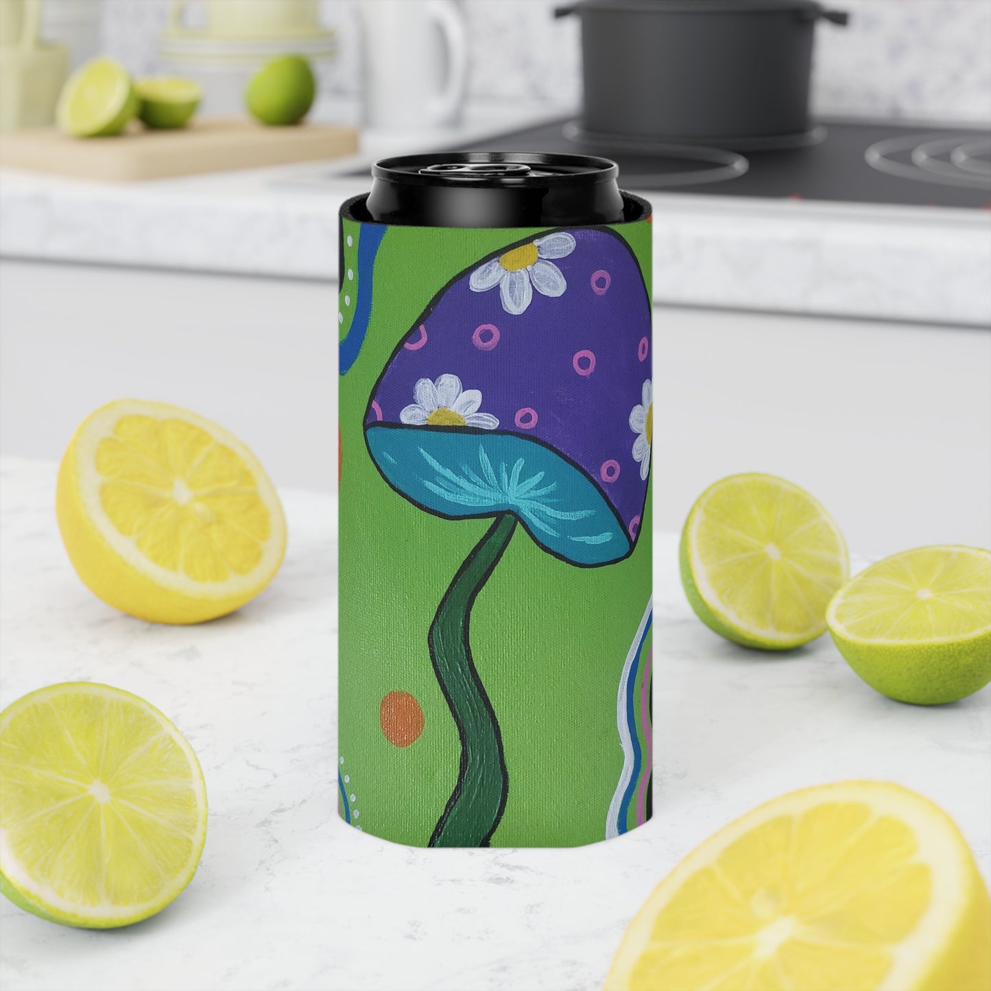 Marguerite Mushroom Can Slim Cooler Sleeve (Peculiar Paintings Collection) GREEN