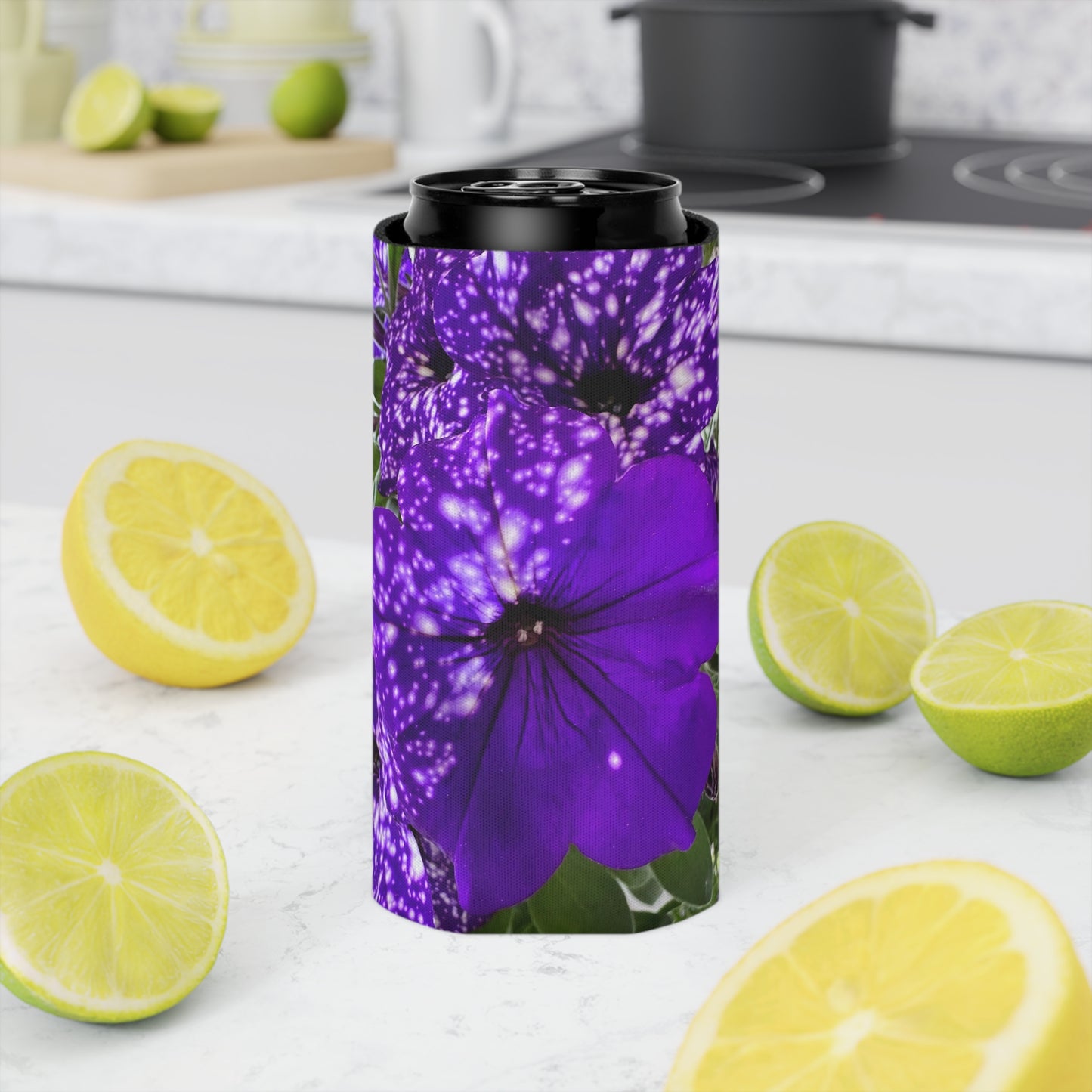 Purple Flower Can Slim Cooler Sleeve (Custom Creations By Catelyn) PURPLE