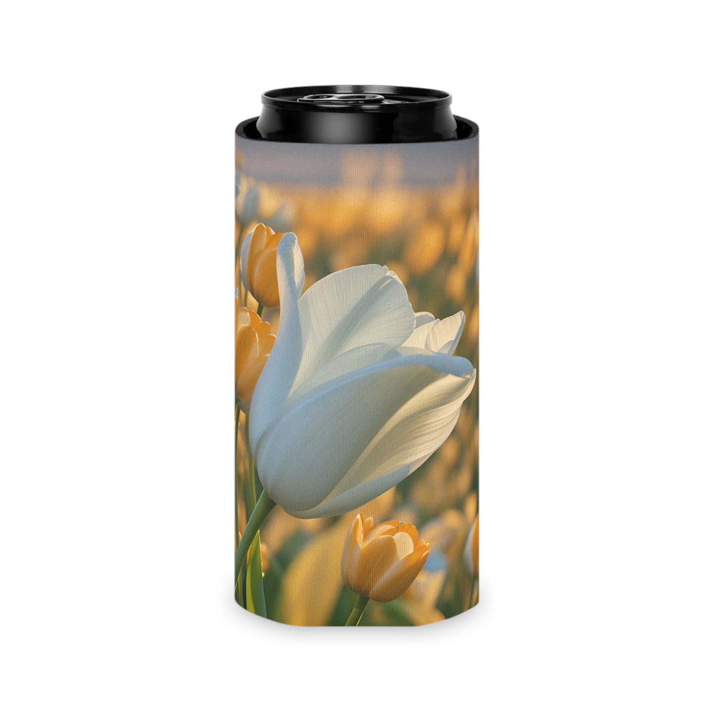 White Flower Tulip Slim Can Cooler Sleeve (SP Photography Collection) BROWN