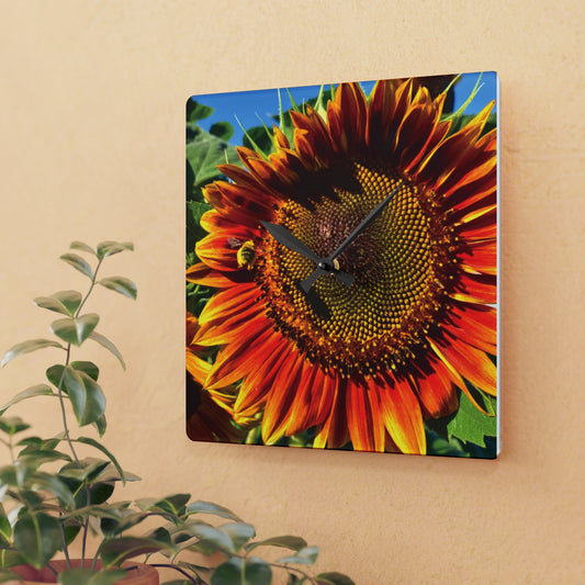 Bumble Bee Sunflower Acrylic Wall Clock (Enchanted Exposures By Tammy Lyne Collection)