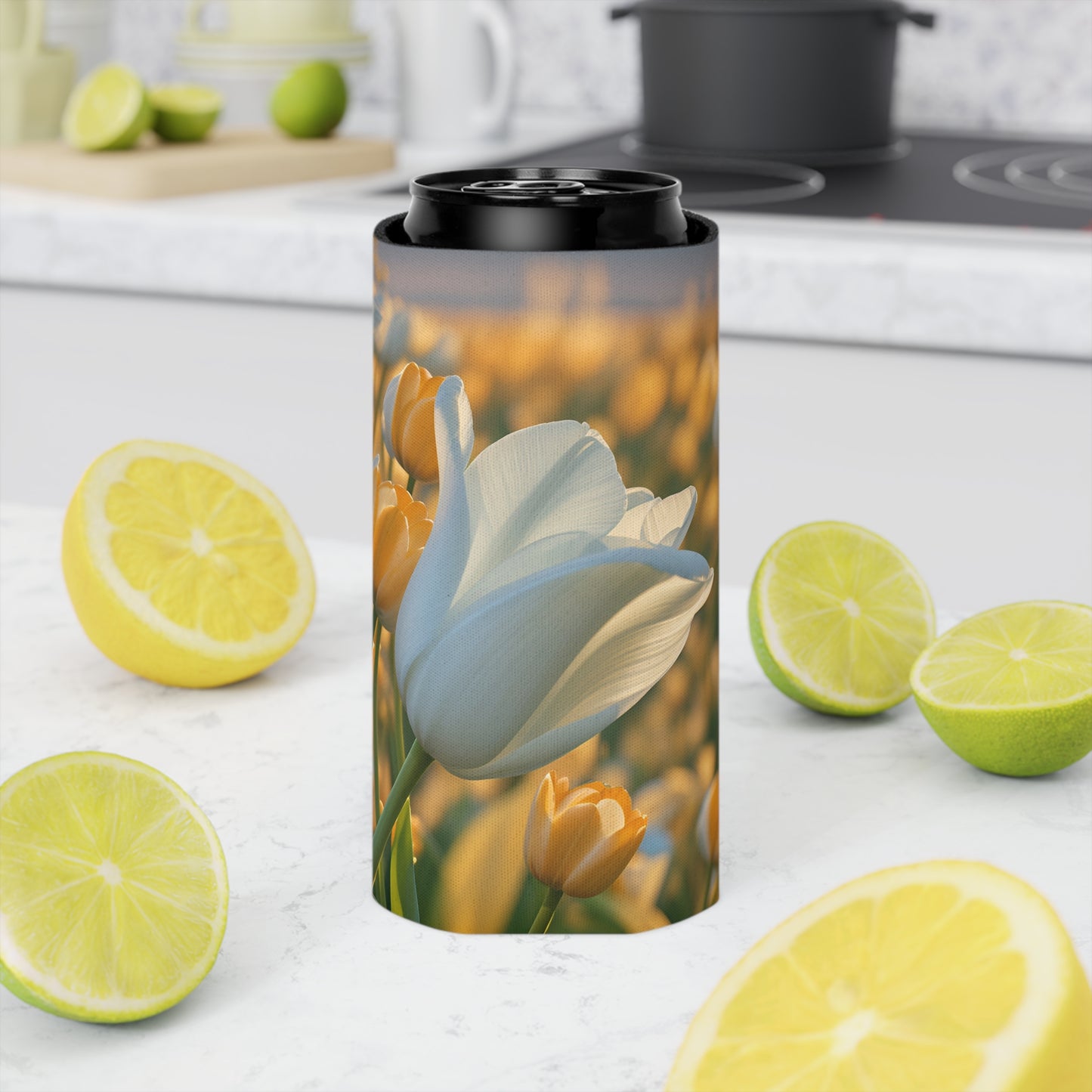 White Flower Tulip Slim Can Cooler Sleeve (SP Photography Collection) BROWN