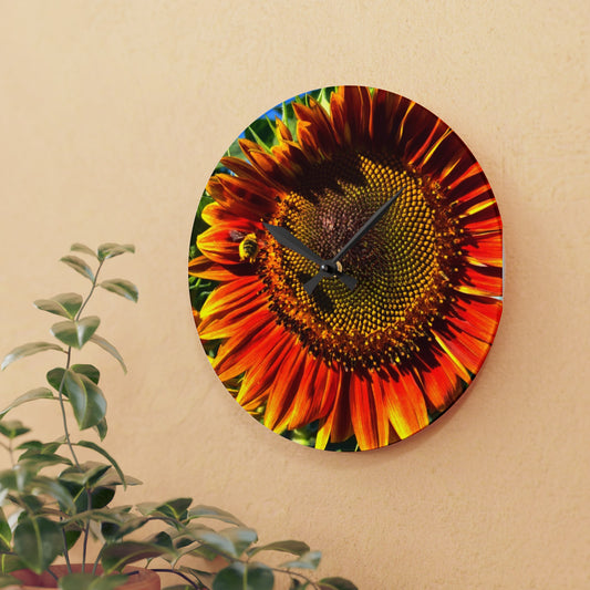 Bumble Bee Sunflower Acrylic Wall Clock (Enchanted Exposures By Tammy Lyne Collection)