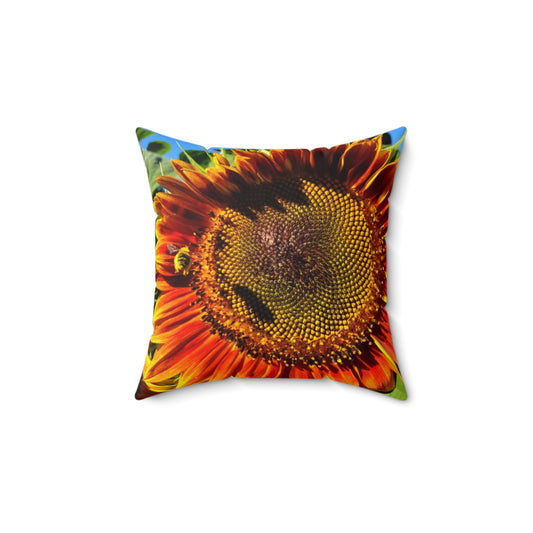 Bumble Bee Sunflower Spun Polyester Square Pillow (Enchanted Exposures By Tammy Lyne Collection) BLUE