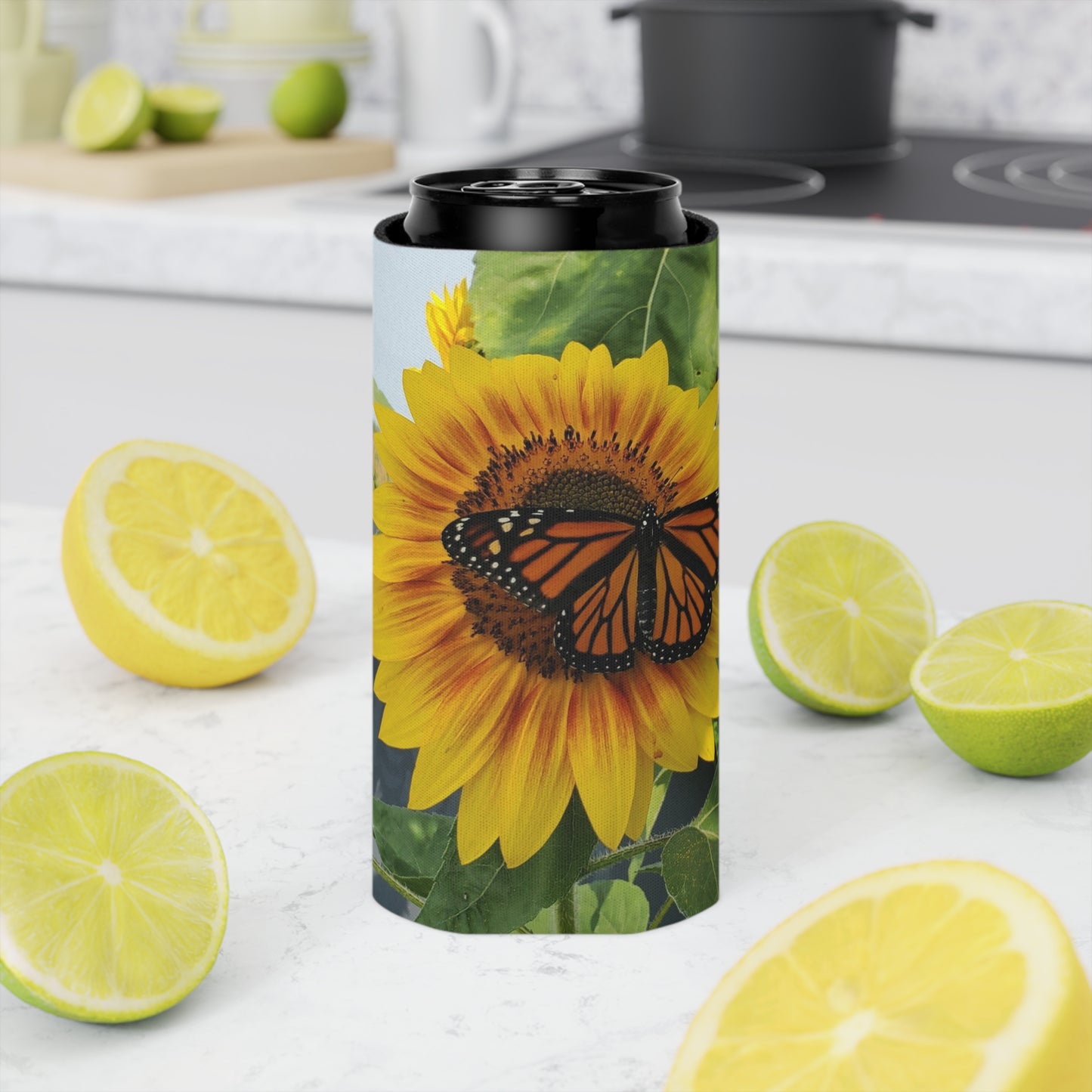 Happy Sunflower Slim Can Cooler Sleeve (Enchanted Exposures By Tammy Lyne) YELLOW